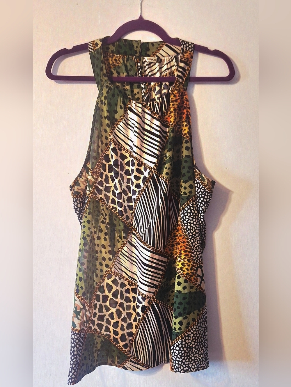 Sleeveless Patchwork Animal Print Tank Top - Green/Brown